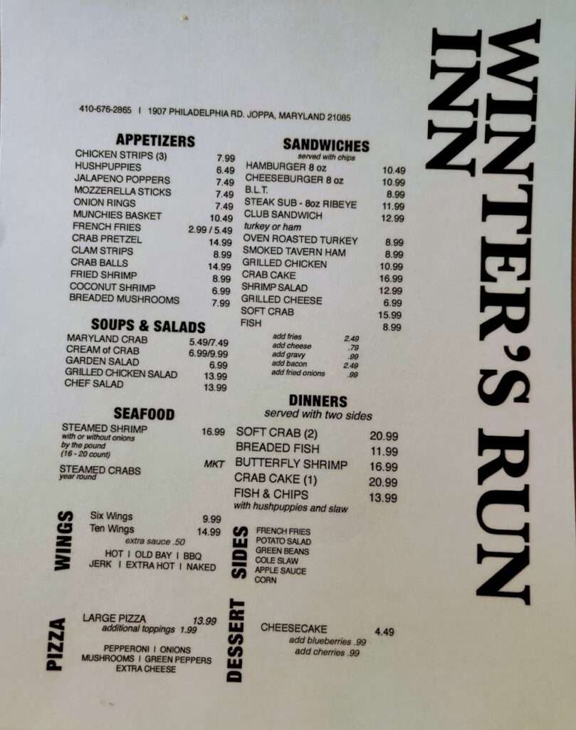 Winters Run Inn Inc menu 3